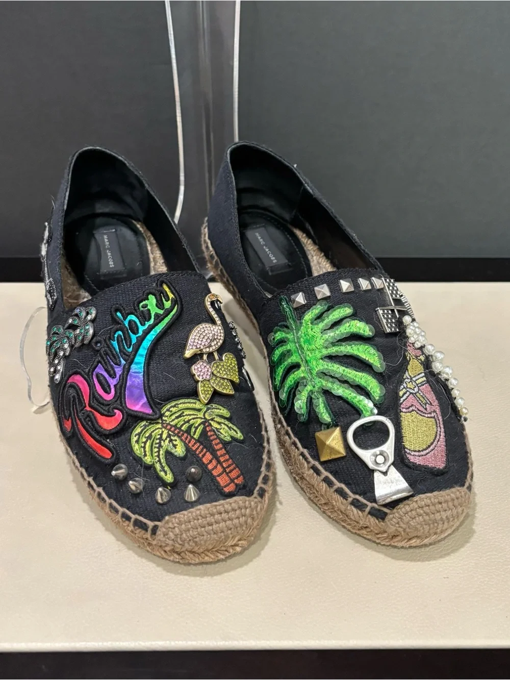 Marc Jacobs Espadrilles Embellished Black Canvas Size 35, 80s Retro Style Summer